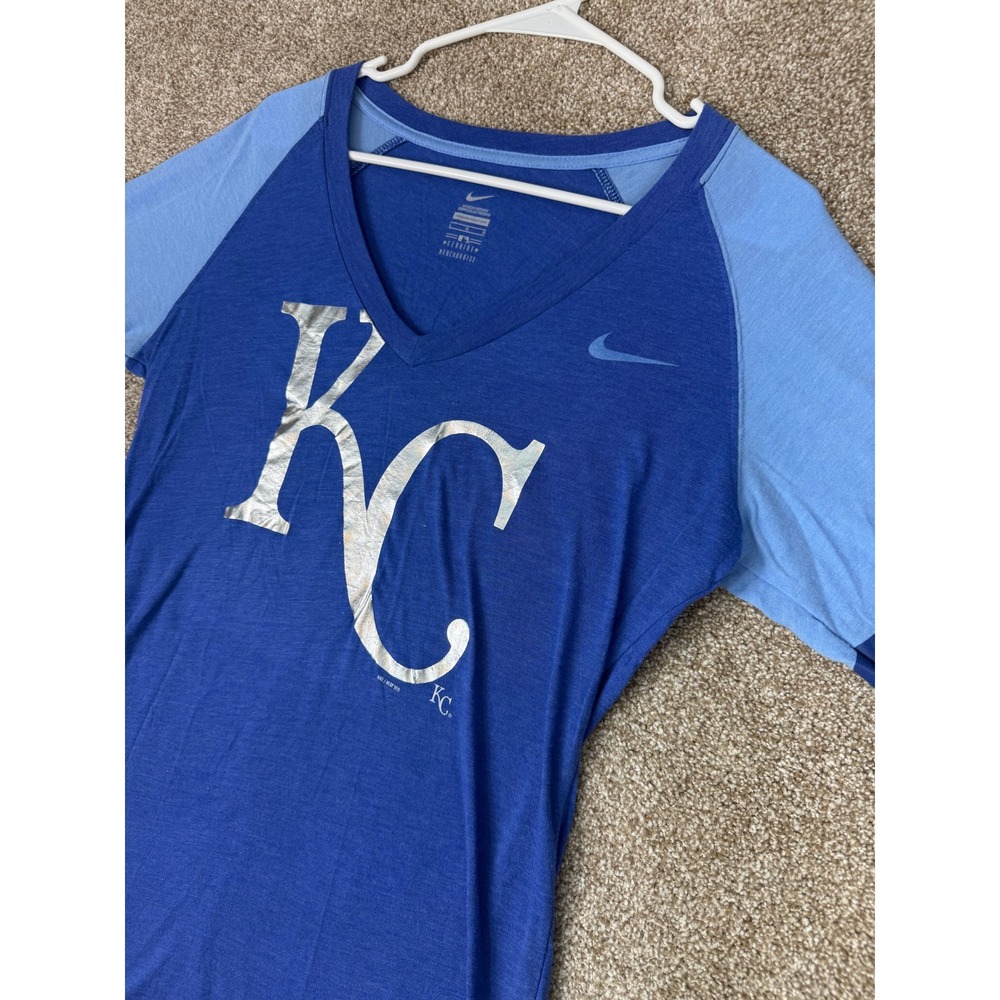 Nike MLB‎ Kansas City Royals Womens V-Neck Raglan T-Shirt Blue Silver Large